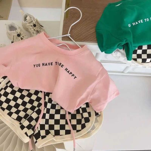 

clothing sets korean children's suit 2023 summer boys and girls sports suits alphabet short-sleeve t shirt shorts two-piece set y23, White