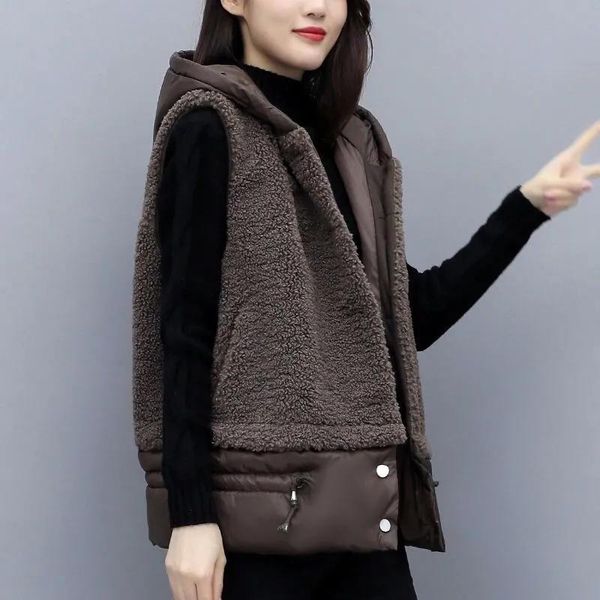 

leather hooded lamb wool vest jacket women clothing autumn winter sleeveless casual thick gilet femme hiver loose zipper warm waistcoat, Black