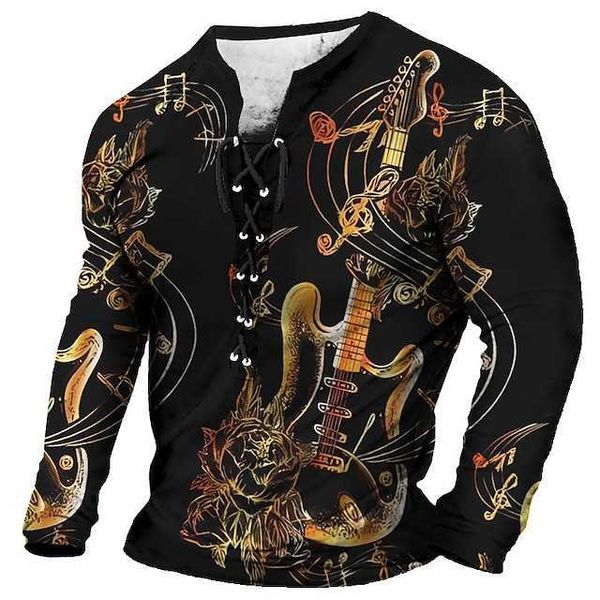 

rukas t-shirt graphic guitar instrument collar clothing 3d printing casual outdoor long sleeved lace print fashion original pattern comforta, White;black