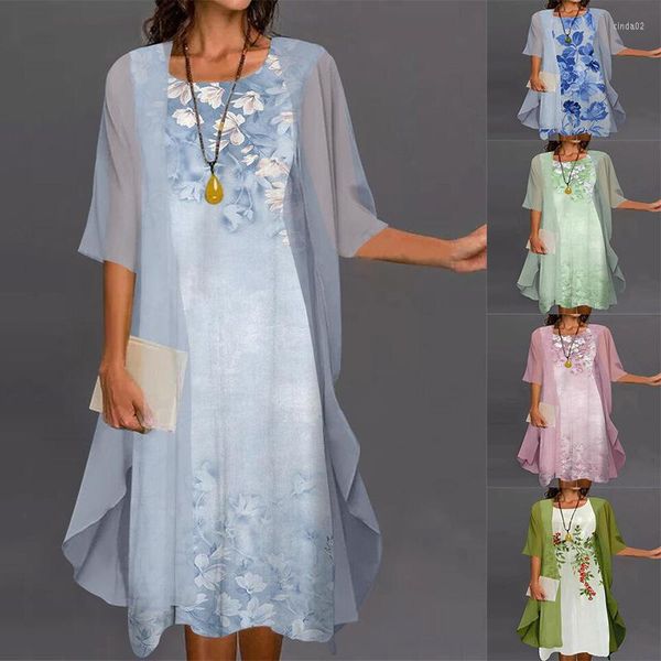 

dresses summer casual mid woman fashion elegant long sleeve loose printed chiffon dress two piece o neck irregular, Black;gray