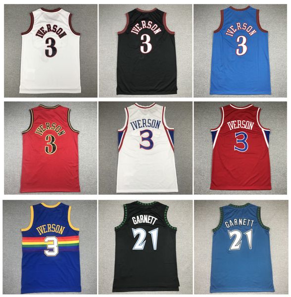 

76erss allen iverson basketball jersey mitchell and ness philadelphias timberwolve kevin garnett minnesotas blue red black white size s-3xl, Black;red