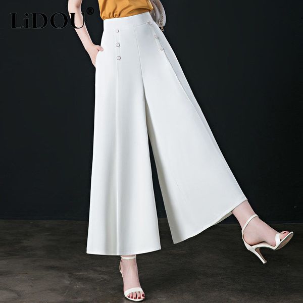 

women's pants capris spring summer high waist elegant fashion wide leg skirt pants lady loose all-match solid ankle length trousers wom, Black;white
