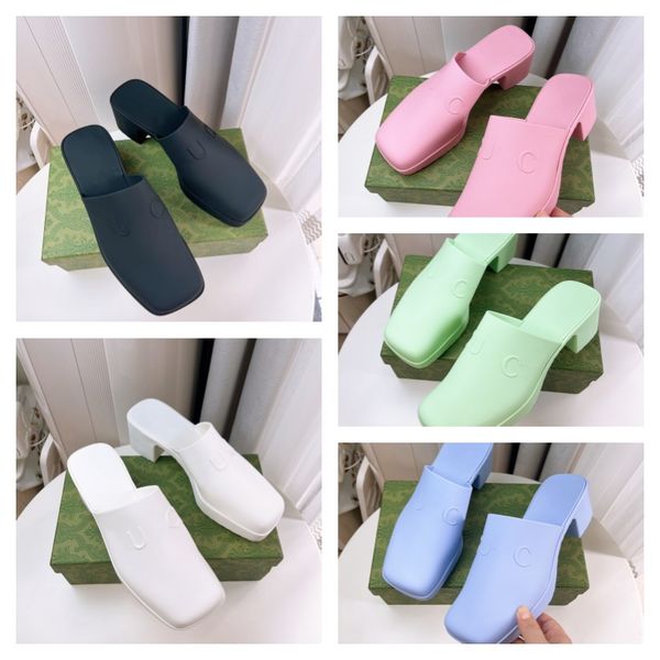 

2023 double g womens slip on sandal women's jelly platform sandals high chunky heel mules summer rubber flat mule gu letter printed ci, Black