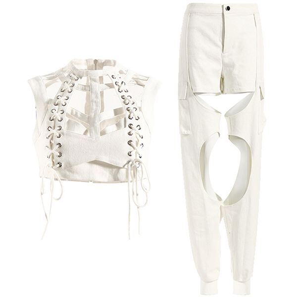 

women's two piece pants set women sleeveless bandage denim crop white cutout pencil jeans 230509
