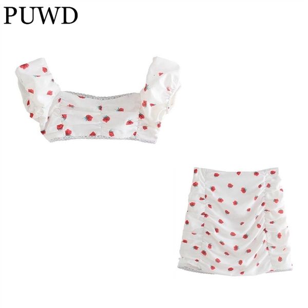 

two piece dress puwd casual women flower printing high waist skirts suits autumn fashion ladies slim sets female chic 230509, White