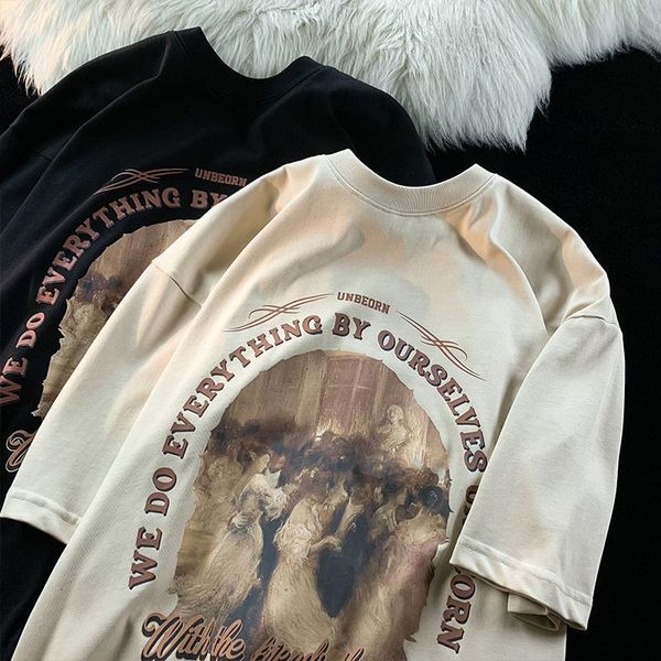 

women's t shirt kaus lengan pendek motif perjamuan gaya retro amerika atasan leher bulat pasangan kecil longgar musim panas pria dan wa, White