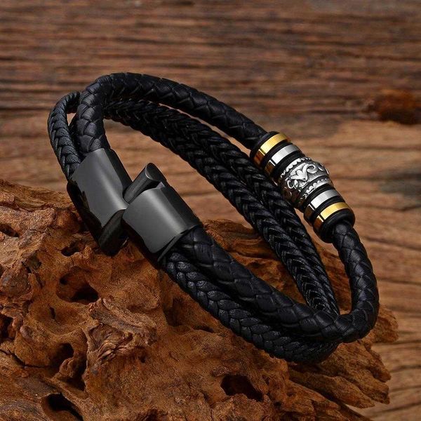 

mens fashion stainless steel multilayer diy leather bracelet braided rope titanium wholesale, Golden;silver