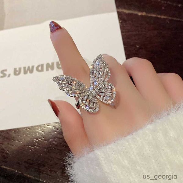 

band rings luxury shining butterfly adjustable opening ring for women trends zircon ring fashion party hand accessories jewelry gift, Silver