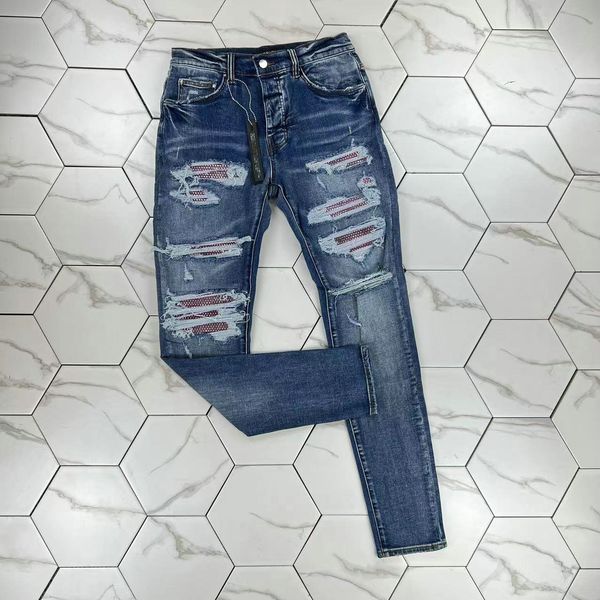 

hm622 blue mens jeans distressed motorcycle biker jean rock skinny slim ripped hole stripe fashionable snake embroidery denim pants