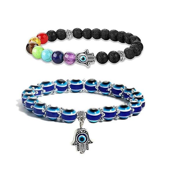 

volcanic rock colorful stone bracelet beads devil eye palm blue elastic string, Golden;silver