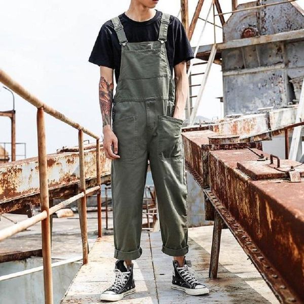 

pants 2023 men bib pants solid color casual jumpsuits streetwear joggers multi pockets fashion suspenders men cargo overalls, Black