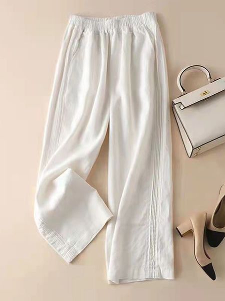 

women's pants capris zoki summer linen pants elastic high waist korean style solid color casual pocket straight trousers white thin fem, Black;white