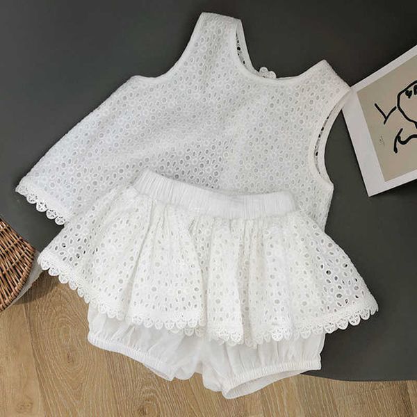 

clothing sets girls summer 2pcsd hollow lace suit baby casual sleeveless t-shirt+shorts kids clothes outfits y23, White