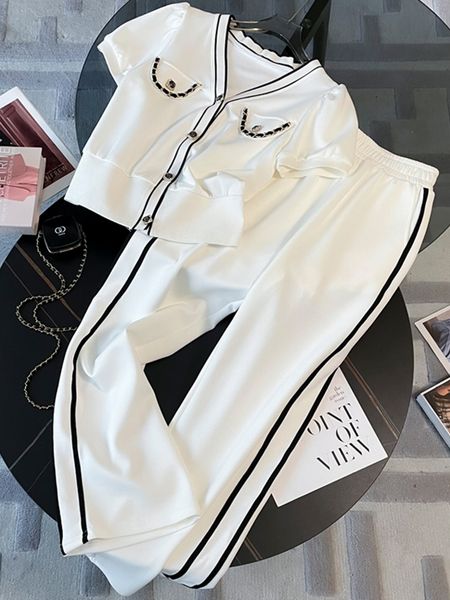 

women's two piece pants casual tracksuit short sleeved suit women 2023 summer streetwear v neck single breasted elastic waist trousers, White