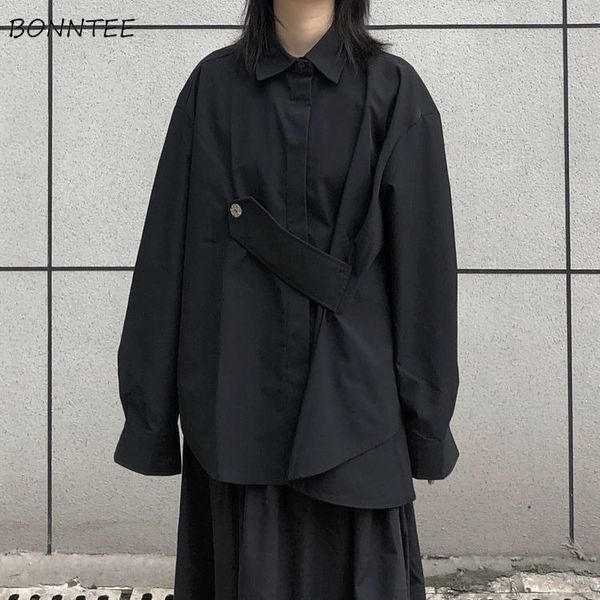 

women's blouses shirts solid black women irregular korean style design long sleeve streetwear single breasted fashion allmatch chic 23, White