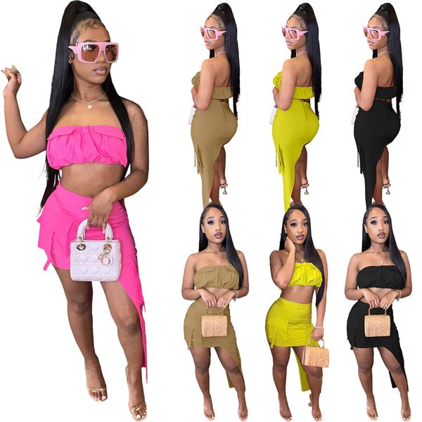 

cargo skirts set dessigner pleat strapless tube oblique cut skirts matching two piece outfits women clothing 9847, White