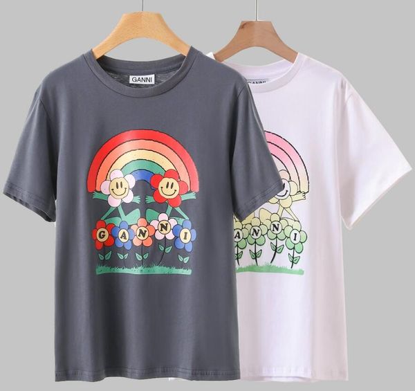 

designer t shirt summer short sleeve sunflower rainbow print ganni women tshirt tee, White