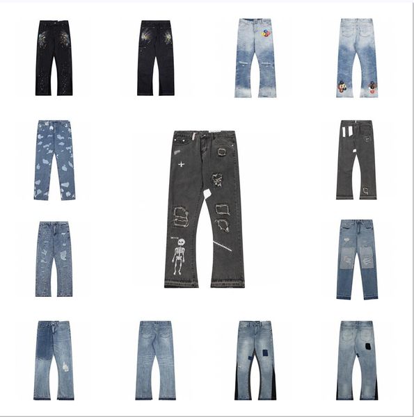 

mens jeans luxury jean washing ripped high street fashion straight leg pants ghost embroidery men slim mens vintage distressed denim street, Blue