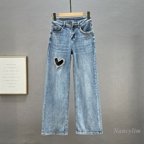 

women's jeans spring summer women's wide-leg jeans high waist hollow out mop trousers fashion diamond denim pants female clothes 2, Blue