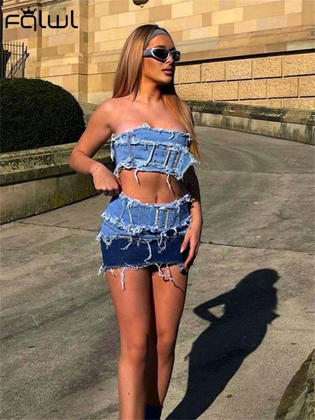 

two piece dress fqlwl summer patchwork cowboy 2 sets outfit for women sleeveless crop strapless and high waist mini 230509, White
