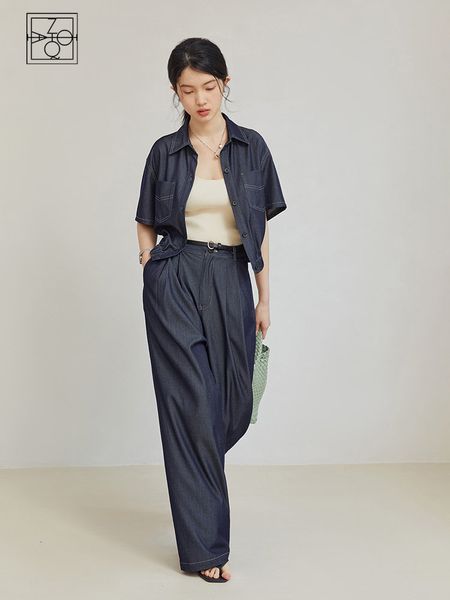 

women's two piece pants ziqiao retro imitation denim shirt wideleg fashion suit for women summer niche design loose short female 230509, White