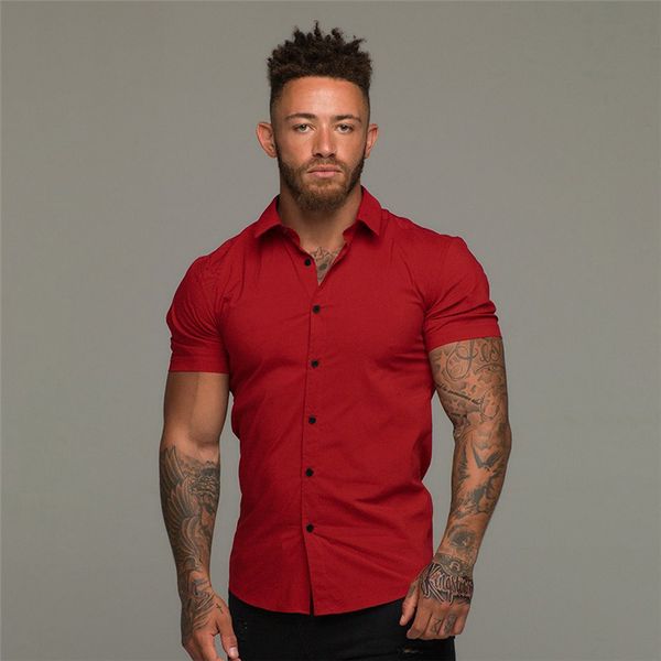 

men's dress shirts summer fashion short sleeve solid super slim fit male social business brand gym fitness sport clothing 230510, White;black