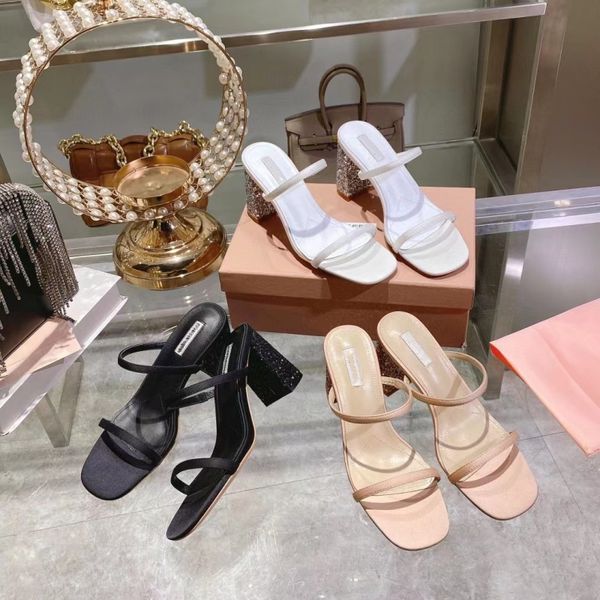 

23 summer new leather real silk satin chunky heels women sandals one line with sequin crystal designer slippers, Black
