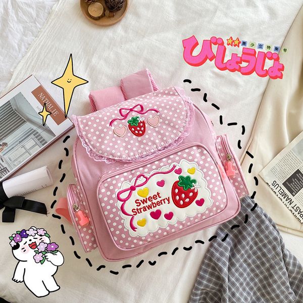 

school bags pink girl embroidery strawberry children's schoolbag student birthday gift 2023 japanese cartoon backpack book 230509