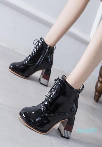 

boots ankle woman round toe lace up shoes drop women autumn winter patent leather fashion zipper square high heels7711589, Black