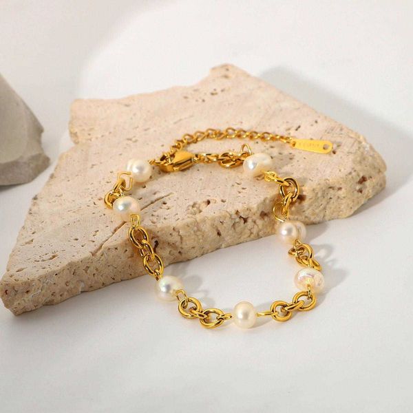 

ins selling product stainless steel link gold plated 6 natural freshwater pearl chain bracelet womens, Black