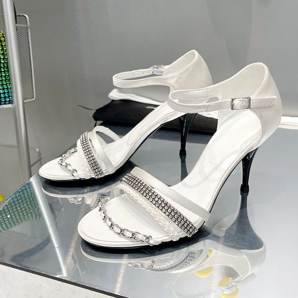

designer women's sandals high heels 8cm shoes rhinestone chain cow leather upper dress shoes adjustable ankle buckle heightener banquet, Black