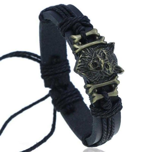 

accessories vintage weave leather bracelet wrist string bronze alloy wolf head imitation cowhide jewelry, Golden;silver