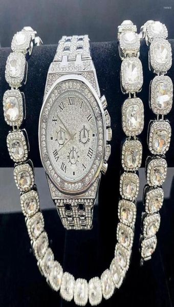 

chains 3pcs iced out watch bracelet necklaces for men fashion gold luxury diamond cubana bling jewelry watches9473731, Silver