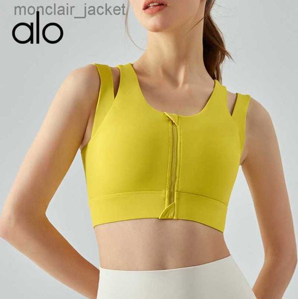 

desginer alo yoga high strength front zipper shockproof gathering bra fake two piece one piece sports bra for women 23ssa, White