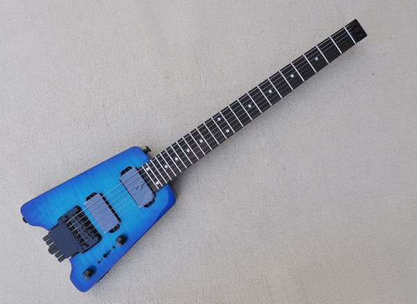 

blue headless electric guitar with flame maple veneer rosewood fretboard 24 frets