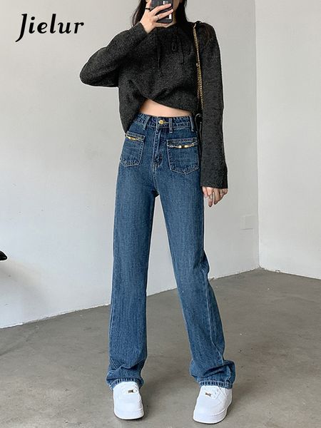 

women's jeans jielur straight harajuku high waist jeans female retro pockets zipper blue jeans women loose wide-leg denim pants spring