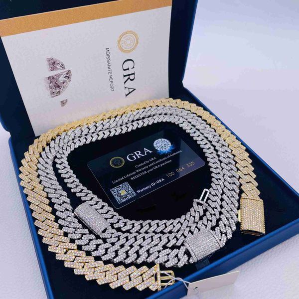 

fashion hand setting jewelry hip hop moissanite 10mm 12.3mm 15mm 925 sterling silver cuban link chain