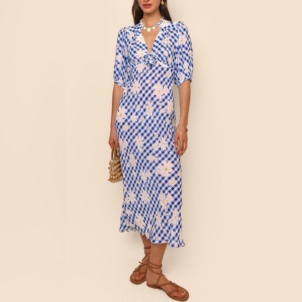 

women's dress spring and summer new blue plaid daisy flower long dress, Black;gray