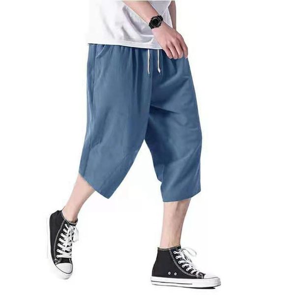 

summer men's casual loose cotton hemp capri pants shorts, White;black