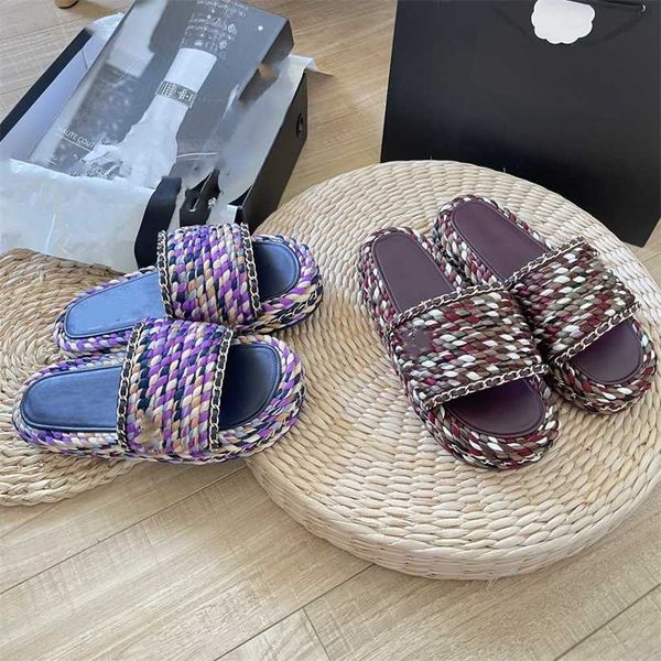

famous brand chan c womens platform slippers designer colorful chains tweed leather flip flops braid weave slides loafers woman sandals casu, Black