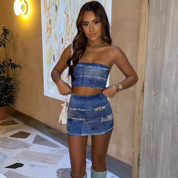 

two piece dress blue lmitation denim print crop backless mini spice skirt sets y2k outfits for women vacation summer 318 230509, White