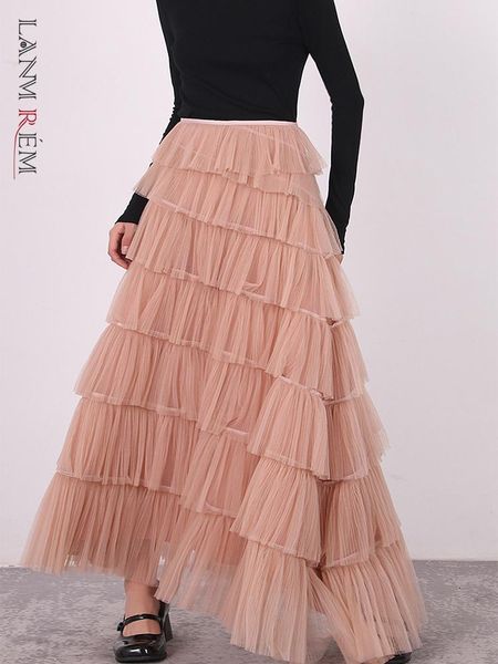 

dresses lanmrem mesh ruffles design skirt for women solid aline high waist luxury skirts ladies party clothing 2023 spring new 2l2273, White;black