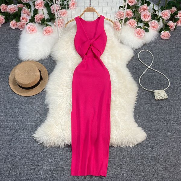 

casual dresses slim halter neck split summer knitted bodycon long dress women party backless robe ete sheath bandage tunic vestidos, Black;gray