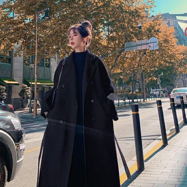 

fur 2022 new fall/winter oversized women's woolen coat midlength thinner high street overtheknee thick woolen jacket streetwear, Black