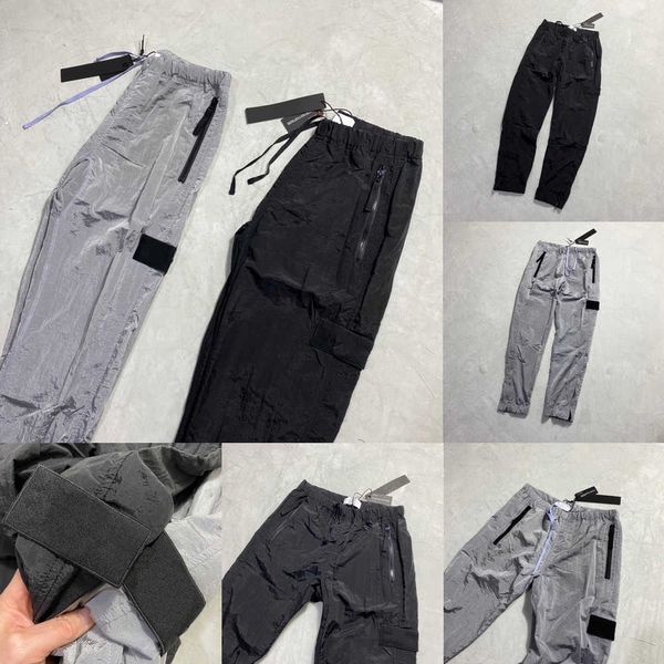

metal brand stone designers nylon pants pocket embroidered badge casual trousers thin reflective island pants size m-2xl 76re, Black