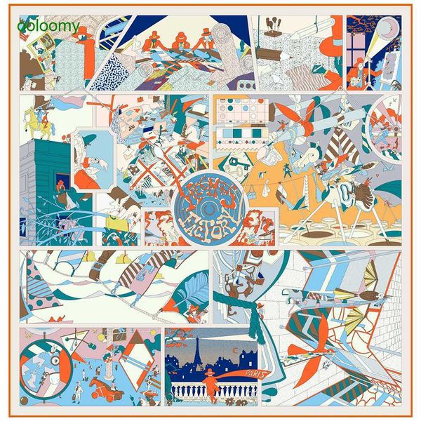 

hemres designer scarves 90cm french cartoon comic puzzle versatile women's decorative twill shawl gift big scarf, Blue;gray