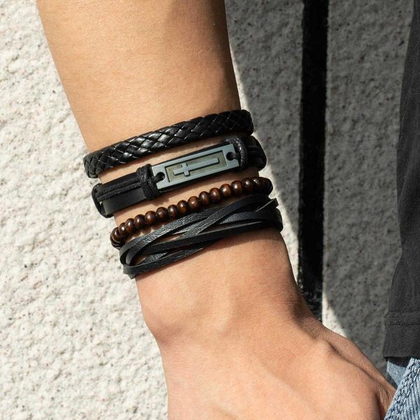 

mens leather bracelet cross chain round beads hemp flowers fashion bangle, Black