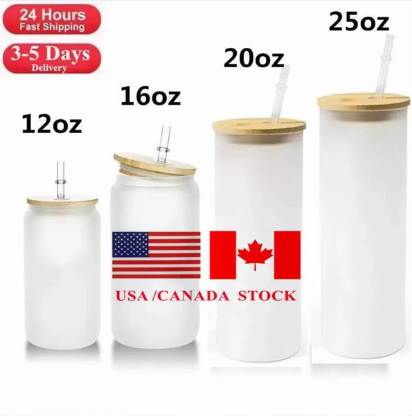 

usa /ca local warehouse 16oz sublimation tumblers blanks straight frosted clear transparent iced coffee glass mugs water cups with bamboo li