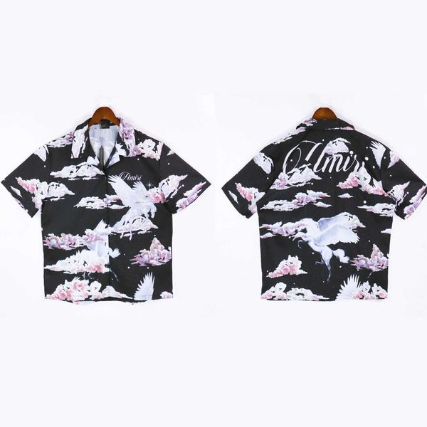 

men's casual shirt 2023 fashion designer brand summer new high street loose fit tianma printed beautiful trend, White;black