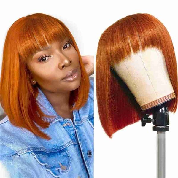 

hair wigs straight bob human orange colored short wig with bangs full machine brazilian glueless for women 230510, Black